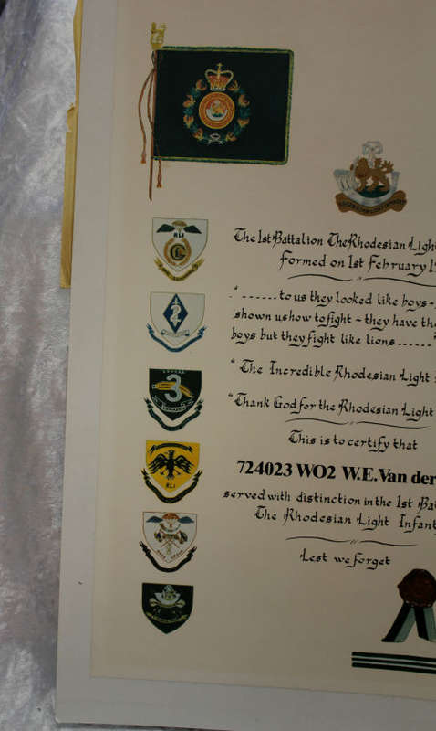 ORIGINAL CERTIFICATE For SERVICE In Rhodesian Light Infantry WO2 W.E. Van der Riet  510x760mm
