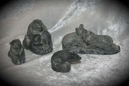 4 Hand Carved Soapstone Origanal THE WOLF SCULPTURES made Canada