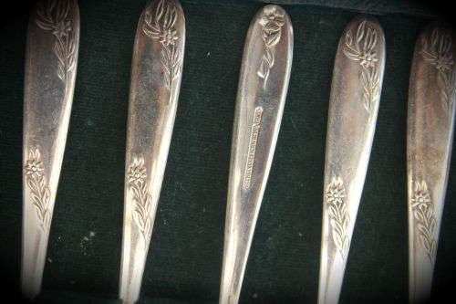 6 Vintage Angora Silver Plated Pastry / Cake Forks & Server in origanal box -box hinge need a pin