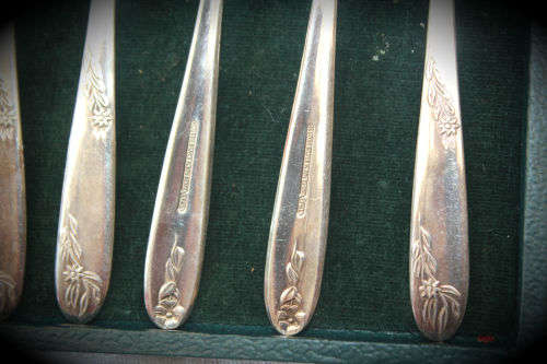 6 Vintage Angora Silver Plated Pastry / Cake Forks & Server in origanal box -box hinge need a pin