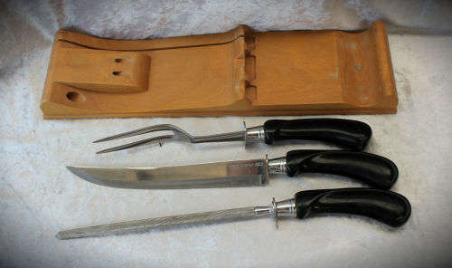 Prestige Stainless Steel carving set on wood stand - in Made in England box without lid. as new