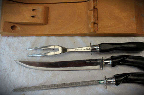 Prestige Stainless Steel carving set on wood stand - in Made in England box without lid. as new