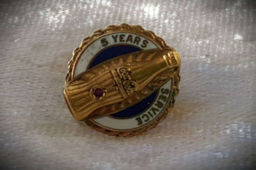 Circa 1940s.Vintage Coca-Cola 5 Year Service Pin made in 10K Gold with Jewel (Ruby?)