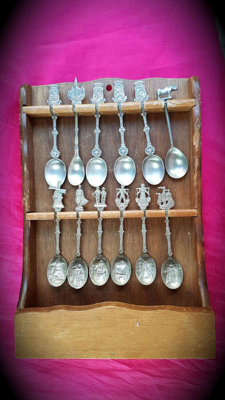 12 Vintage EPNS spoons on wooden wall Rack 300x200x62mm