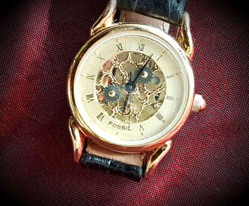 Fossil  Vintage Skeleton Genuine Black Leather Band Watch SK-03. Needs BATTERY-unused