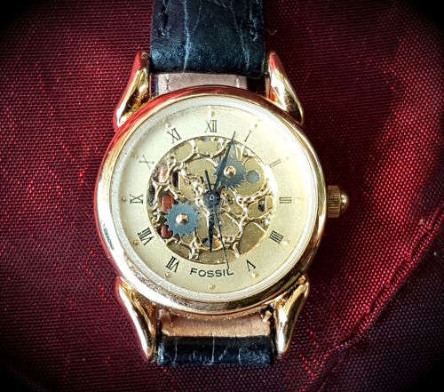 Fossil  Vintage Skeleton Genuine Black Leather Band Watch SK-03. Needs BATTERY-unused