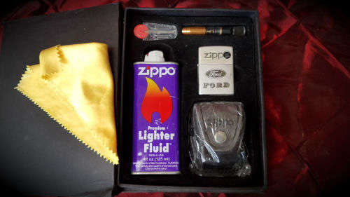 Zippo USA Lighter 2895 kit in box FORD Logo-Fluid leather sheath belt clip ..lighter still sealed