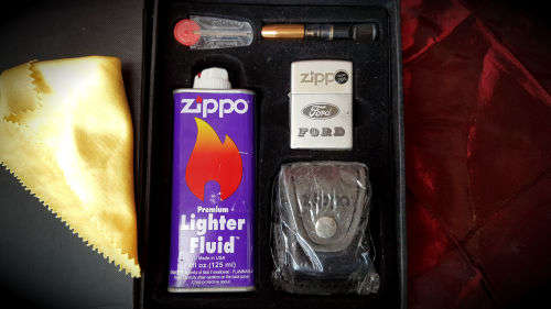 Zippo USA Lighter 2895 kit in box FORD Logo-Fluid leather sheath belt clip ..lighter still sealed