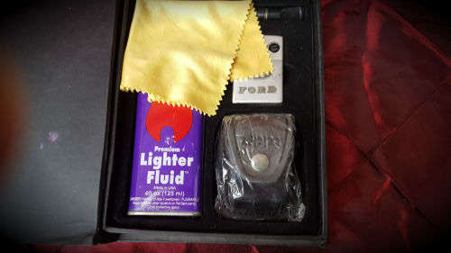 Zippo USA Lighter 2895 kit in box FORD Logo-Fluid leather sheath belt clip ..lighter still sealed