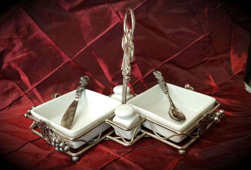 Vintage EPNS and Porcelain breakfast set -2 x Bowls , salt and peppar pots butter knife and spoon