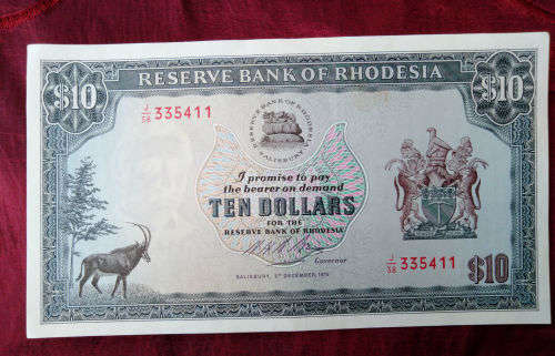 Uncirculated 3rd December 1975 Rhodesia Ten Dollar Note- Perfect Condition-Rhodes as watermark