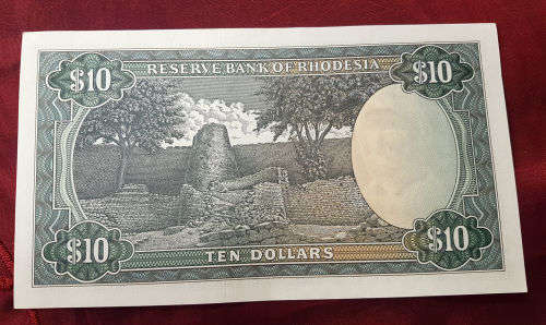Uncirculated 3rd December 1975 Rhodesia Ten Dollar Note- Perfect Condition-Rhodes as watermark