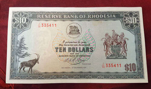 Uncirculated 3rd December 1975 Rhodesia Ten Dollar Note- Perfect Condition-Rhodes as watermark