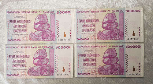 4 Uncirculated Zimbabwe Five Hundred Million Dollars in Sequence