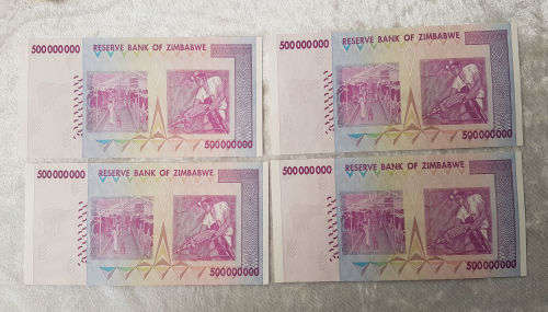 4 Uncirculated Zimbabwe Five Hundred Million Dollars in Sequence