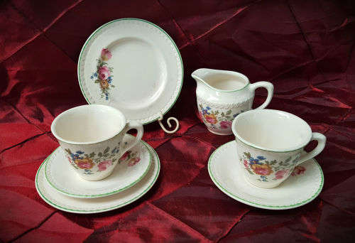 2 small Vintage Porcelain duo's and a Creamer-both Side plates with hairline Cracks