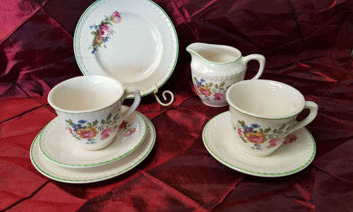 2 small Vintage Porcelain duo's and a Creamer-both Side plates with hairline Cracks