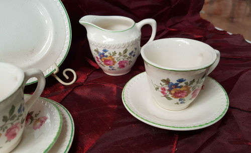 2 small Vintage Porcelain duo's and a Creamer-both Side plates with hairline Cracks