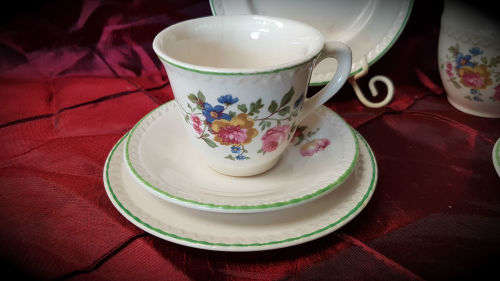 2 small Vintage Porcelain duo's and a Creamer-both Side plates with hairline Cracks