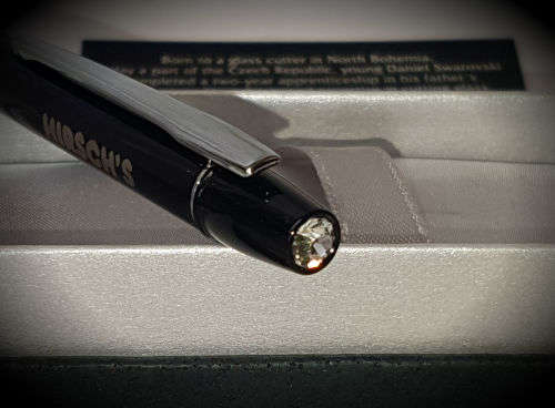 Swarovski Black Ballpoint pen with Crystal in Origanal Box.Hirsch's Logo. ink is still ok