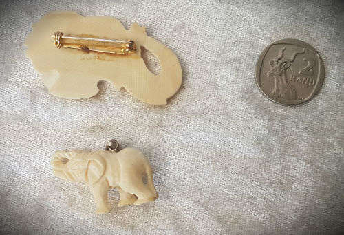 2 Ivory Elephants Brooch and Pendant- compare size with R2 in the photos