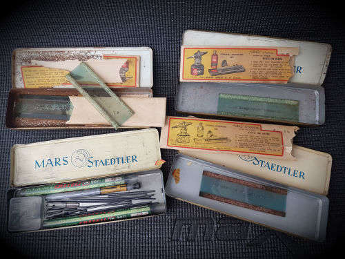 4 RARE!!! Vintage Collectible Mars Staedtler metal tin with Uno Stencils and contents (Germany)
