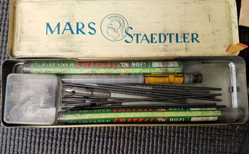 4 RARE!!! Vintage Collectible Mars Staedtler metal tin with Uno Stencils and contents (Germany)