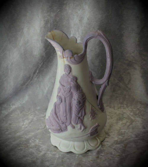 Antique 1847 Samual Alcock & Son Naomi & Her Daughters-In-Law Lavender Parian Jug-Repaired
