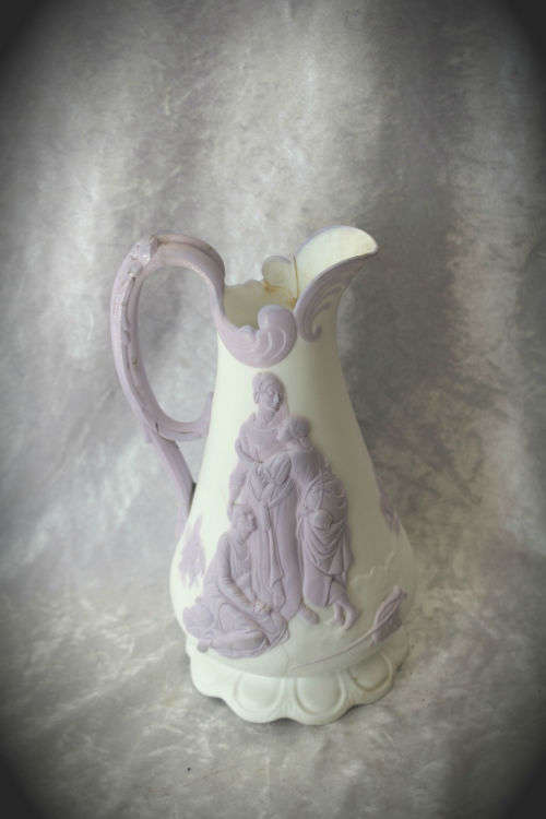 Antique 1847 Samual Alcock & Son Naomi & Her Daughters-In-Law Lavender Parian Jug-Repaired