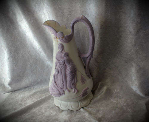 Antique 1847 Samual Alcock & Son Naomi & Her Daughters-In-Law Lavender Parian Jug-Repaired