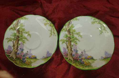 2 Vintage Royal Albert "Greenwood Tree" Crown China Saucers - Reg Nr. 774783-
