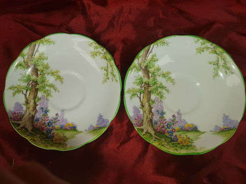 2 Vintage Royal Albert "Greenwood Tree" Crown China Saucers - Reg Nr. 774783-