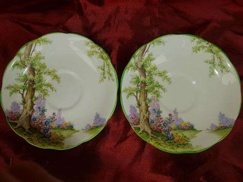 2 Vintage Royal Albert "Greenwood Tree" Crown China Saucers - Reg Nr. 774783-