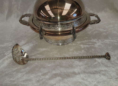 Antique New Bedford Mass Pairpoint MFCCO Quadruple Plate Butterdish with spoon.