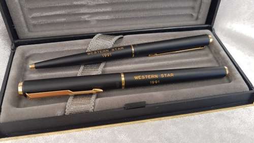 Parker rollerball and Ballpoint pen set-branded Western Star 1991-ink still ok-in case
