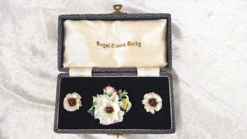 Vintage Royal Crown Derby Porcelain Earings and Brooch set in origanal box -made in England