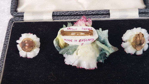 Vintage Royal Crown Derby Porcelain Earings and Brooch set in origanal box -made in England
