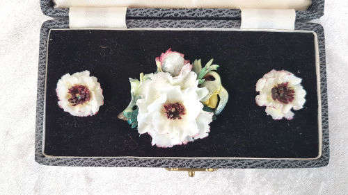 Vintage Royal Crown Derby Porcelain Earings and Brooch set in origanal box -made in England