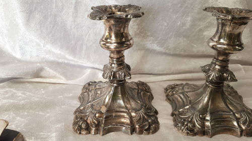 2 Vintage Coronet Plate E.P. Lead Heavy Candlestick Candle Holders- England 140x100mm 2,6kg
