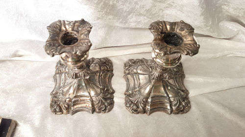 2 Vintage Coronet Plate E.P. Lead Heavy Candlestick Candle Holders- England 140x100mm 2,6kg