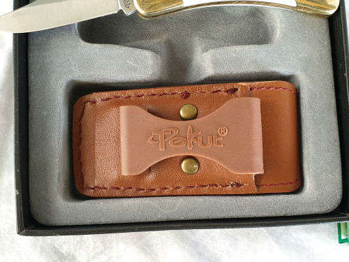 TEKUT 5Cr15MoV High performance folding Knife 155mm open still in box with Leather Sheath
