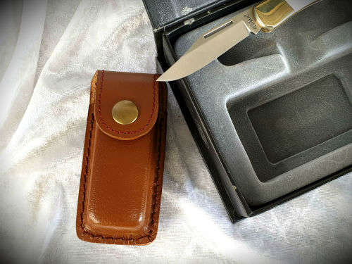 TEKUT 5Cr15MoV High performance folding Knife 155mm open still in box with Leather Sheath