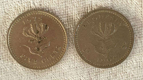 2 Rhodesian 5 Cent coins 1964 and 1975-Circulated