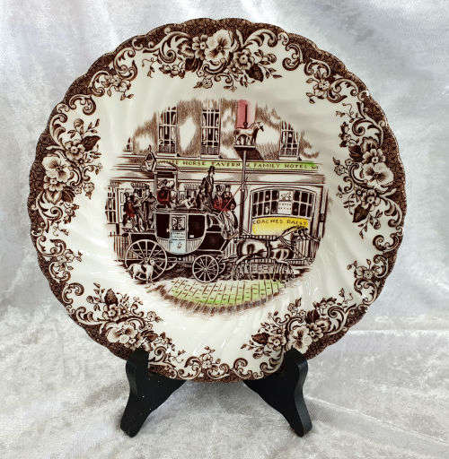 Vintage Johnson Bros Plate Coaching Scenes `Coach Office` Genuine Hand Engraving 200mm (5 available)
