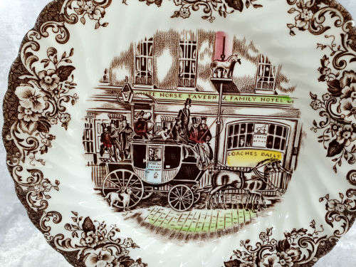 Vintage Johnson Bros Plate Coaching Scenes `Coach Office` Genuine Hand Engraving 200mm (5 available)