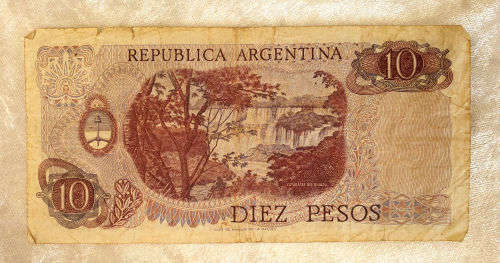 Old 1970`s Argentina 10 Diez Pesos Circulated Bank Note