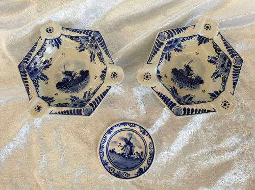 2 Antique Delft  Ashtrays 115mm  and small Delft tray 61mm- Made in Holland
