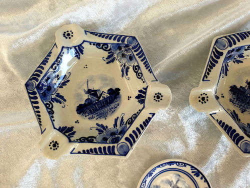 2 Antique Delft  Ashtrays 115mm  and small Delft tray 61mm- Made in Holland