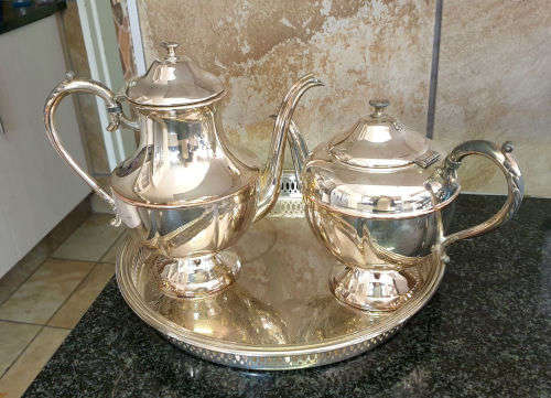 Vintage ESSAY EP Copper lead mounts made in Canada Coffee and Teapot on a EPNS tray