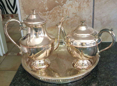 Vintage ESSAY EP Copper lead mounts made in Canada Coffee and Teapot on a EPNS tray